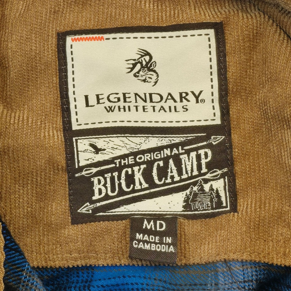 Legendary Whitetails Buck Camp Flannel Shirt Blue Plaid Corduroy Collar M Retro - Picture 7 of 10